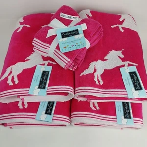 8pc Cynthia Rowley Kids (4) Bath Towels (4) Washcloths Mystical Unicorn Hot Pink - Picture 1 of 13