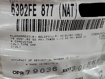 Belden Wire 6302FE 18/4C Shielded Control/Speaker/Audio Cable Plenum White /50ft - Image 1 of 4