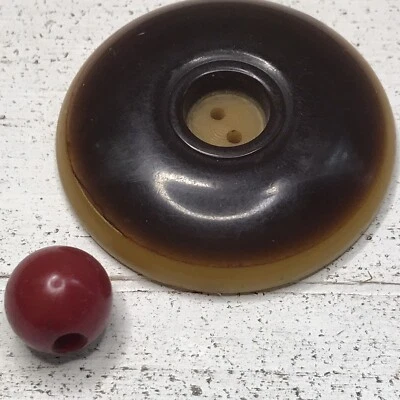 2 Antq Bakelite Buttons Round Bead Red Butterscotch Brown Vtg Wafer Craft Sewing - Image 1 of 4