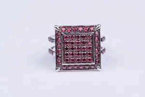 Round Pink Lab Created Sapphire Rhodium Over Sterling Silver Square Ring Size 8 - Picture 1 of 5