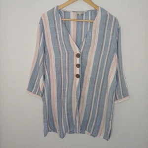 Nutmeg Tunic Blouse Size 16 Shirt Cotton Blend Top Stripe Button Up Blue Pink - Picture 1 of 3