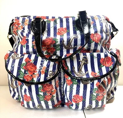 Betsey Johnson Tote Bag Sequin Weekend Bag Blue, White, Red Roses & Anchors - Image 1 of 4
