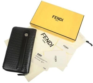 NUEVO BOLSO DE EMBRAGUE FENDI FF ESTAMPADO CUERO GRIS NEGRO CON CREMALLERA CONTINENTAL - Imagen 1 de 12