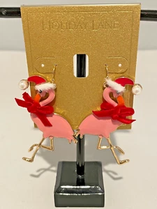 Gold Tone Pink Flamingo Christmas Wire Drop Earrings by Holiday Lane NWT - Picture 1 of 8