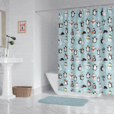 Holiday Christmas PEVA Shower Curtain, Snowman Penguin Print, 70 in x 72 in - Image 1 of 3