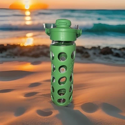 Lifefactory 16 Oz Reusable Glass Water Bottle Green Silicone Sleeve Flip Cap EUC - Image 1 of 4