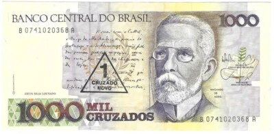1989 Brazil 1 Cruzado overprint on 1000 Cruzados P216b Used - Image 1 of 2
