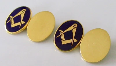 Gold Masonic Cufflinks - 9ct Gold Set Square & Compass Chain Link Oval Cufflinks - Image 1 of 4