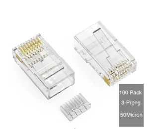 100 Stck. Cat5e RJ45 Netzwerk Ethernet 3-poliger Stecker Stecker 50 Mikron Volldraht - Bild 1 von 2