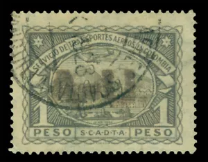 COLOMBIA 1923 AIRMAIL - SCADTA -ARGENTINA/URU "A-U" handstamp 1p Sc CLAU19 used - Picture 1 of 2