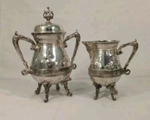 Meridian Quadruple Silverplated 1414 Creamer & Sugar Floral Etched Footed Fancy - Picture 1 of 10