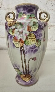 Jarrón antiguo pintado a mano Nippon 8" doble mango borde dorado púrpura floral Art De - Imagen 1 de 10