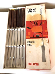 Vtg 6 Pcs Deluxe Fondue Forks Stainless W/ Wood Handles Colored Plastic Cap - Picture 1 of 4