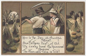 Postal de saludos de Acción de Gracias de 1909 por HBG - Arte popular pioneros trilla trigo - Imagen 1 de 2