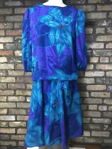 Vtg 80's Puff Sleeve Dress 16 Polyester Silky Drop Waist Floral One Piece Career - Picture 1 of 12
