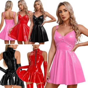 Women's PVC Leather Flare Dress Rivets Strappy Gothic Party A-Line Mini Dresses - Picture 1 of 49