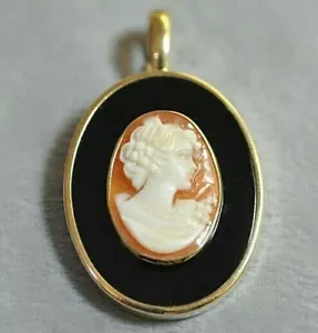 14K Yellow Gold Shell Cameo and Onyx Pendant Enhancer - Picture 1 of 3