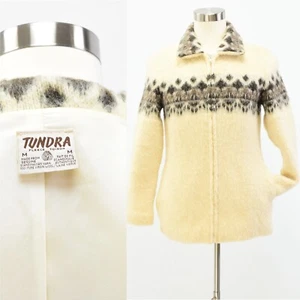 70s Vintage Wool Zip Sweater Jacket Mens S Nordic Icelandic Print Fuzzy Ivory - Picture 1 of 6