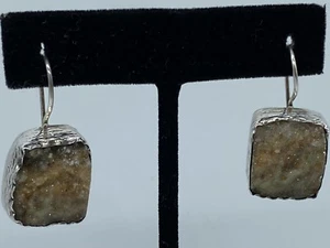 Vintage Handmade Orange Druzy Quartz Sterling Silver Drop Earrings 1 1/4" 12.6g - Picture 1 of 9