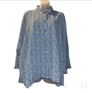 Chicos Boxy Button Down Shirt Blue Tiles Polyester 3/4 Dolman Sleeve Size 3 - Picture 1 of 11
