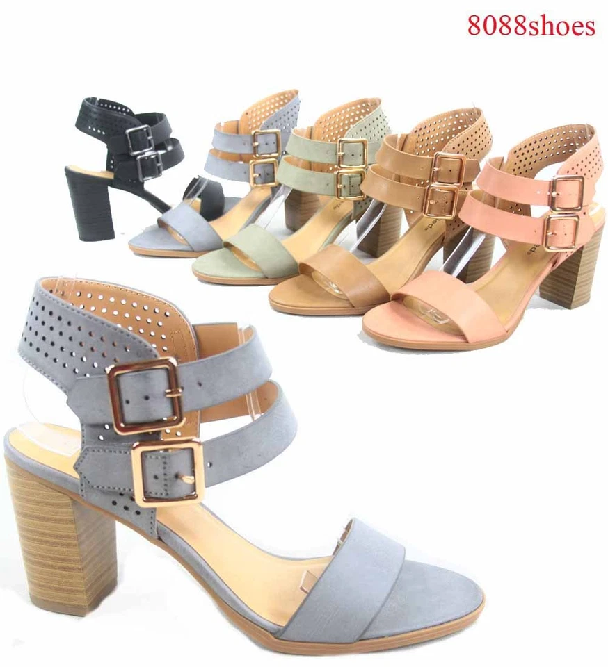Women's Buckle Open Toe Ankle Strap Chunky Heels Sandals Shoes Size 5.5 - 11 NEW - Image 1 of 1
