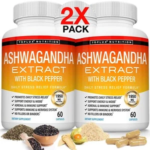 Organic Ashwagandha Capsules 1950 MG (2 PACK) with Black Pepper Root Powder - Picture 1 of 9