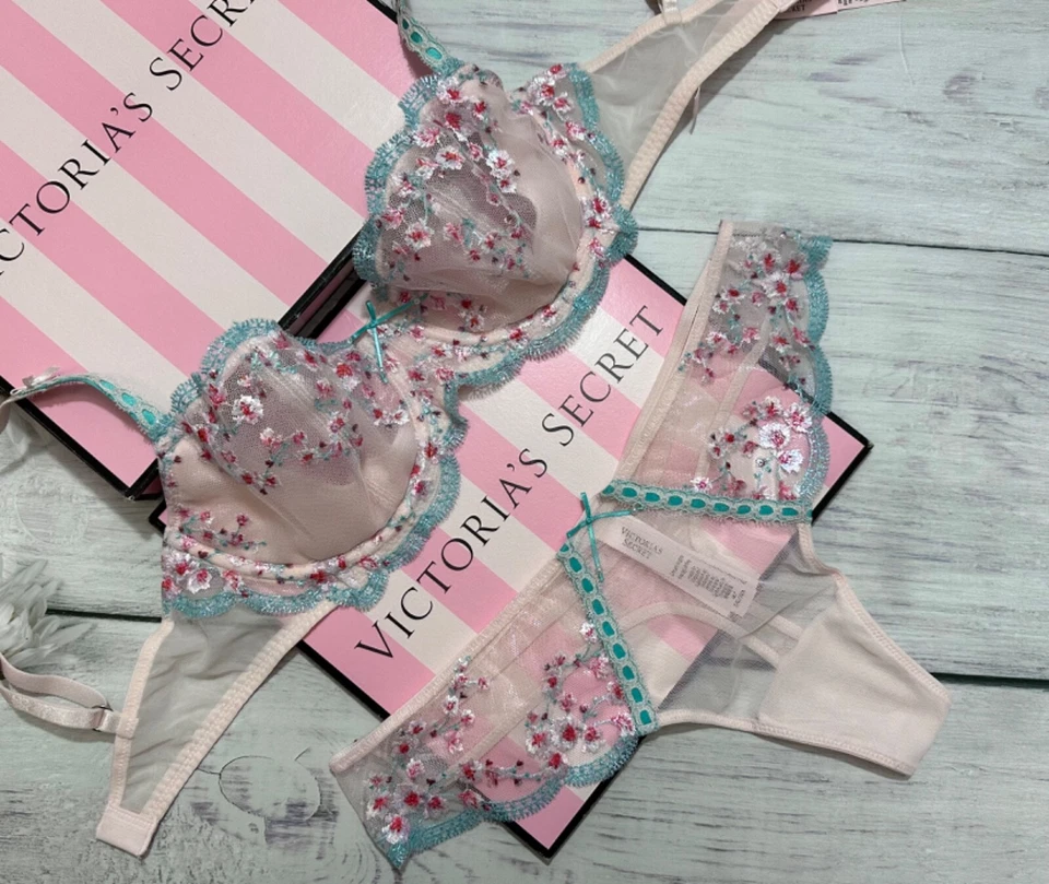 Victoria’s Secret Unlined Set Bra Thong Embroidery Cherry Blossom Balconette - image 1 of 4