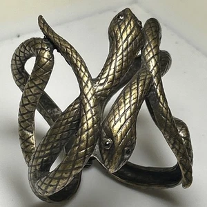 VTG Antiqued Brass Tone Double Headed BLK Rhinestone Eyes Snake Hinged Bangle - Picture 1 of 6
