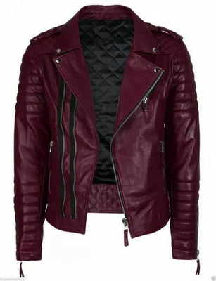 Men's Leather Jacket Pure Sheepskin Biker Motorcycle Burgundy Coat Jacket - Image 1 of 4