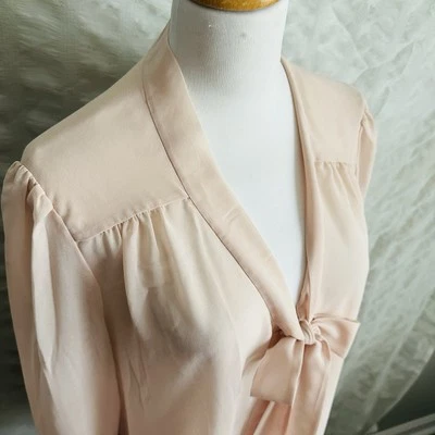 DKNY Co. Sheer Crepe Chiffon Blush Light Beige Pink Women’s Blouse w Tie Bow 10 - Image 1 of 4