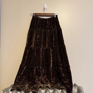 Vintage Y2K ästhetischer Samt Maxirock braun grün Boho Gypsy Pailletten Saum Rock - Bild 1 von 3