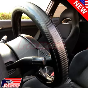Premium Black Carbon Fiber Leather Steering Wheel Cover Protector Slip-On Sport - Picture 1 of 3