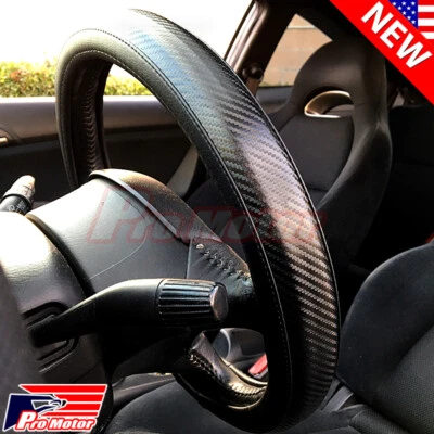 Premium Black Carbon Fiber Leather Steering Wheel Cover Protector Slip-On Sport - Image 1 of 3