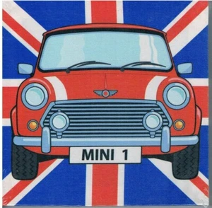 BMC Mini Car on Union Jack Flag Small Stretched Canvas Picture 8x8" (20x20cm) - Picture 1 of 2