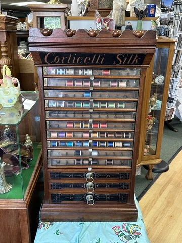 Victorian Corticelli Silk General Store Walnut Spool Cabinet Cover