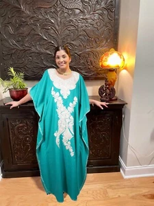 Womens Caftan Dress Boho Hippie Beach Cover up Handmade Teal Blue Kaftan L-3XL - Picture 1 of 1