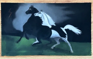 VINTAGE CHINESE YIN YANG CHALK PAINTING BLACK WHITE HORSE SIGNED 12.5" X 21" - Picture 1 of 5