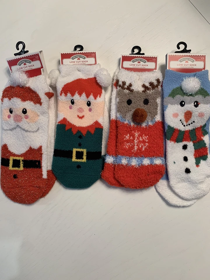 Nuevo con etiquetas Lote de 4 Calcetines de Navidad Difusos Corte Bajo Holiday Time Mujer Talla 4-10 Navidad Foto 1 de 4