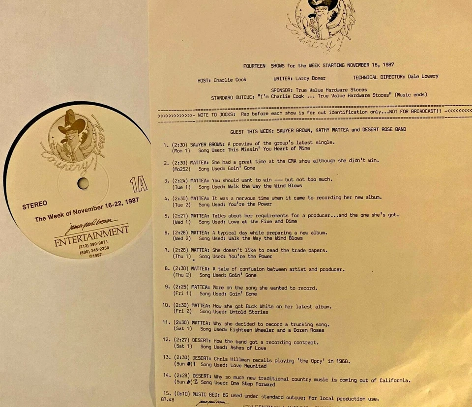 RADIO SHOW 11/16/87 COUNTRY NEWS INTERVIEWS: KATHY MATTEA (10), DESERT ROSE BAND - Image 1 of 1