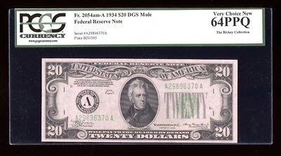 DBR 1934 $20 DGS FRN Mule Boston Fr. 2054-Adgsm PCGS 64 PPQ Serial A29896370A - Image 1 of 2
