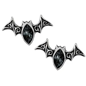 ALCHEMY BAT EARRINGS VIENNESE NIGHTS Gothic Studs Pewter Black Goth + FREE POUCH - Picture 1 of 5