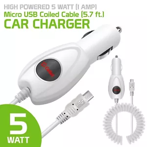 Cargador de automóvil con cable en espiral micro USB (5,7 pies), alta potencia 5 vatios (1 amperio) - Imagen 1 de 7