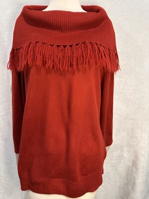 XL Red Dress Barn Fringe Cowl Over The Shoulder Layered Neck Tight Knit Sweater - Изображение 1 из 4