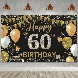 Happy Birthday Banner, 60Th Birthday Decorations Backdrop, Extra Large Black Gol - Picture 1 of 12
