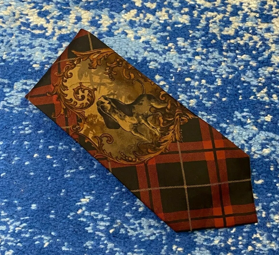 Corbata de seda vintage Polo Ralph Lauren roja negra camel óxido sesgado a cuadros perro EE. UU. Foto 1 de 4