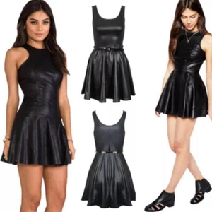 Damen Wet Look Skaterkleid Damen PVC glänzend Leder Gürtel ausgestellt dehnbar Oberteile - Bild 1 von 5