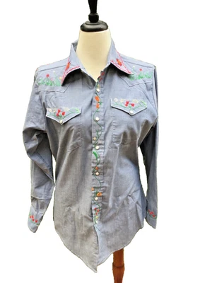 Embroidered Western Shirt Medium Denim Vintage Sears Floral Design Long Sleeve - Image 1 of 4