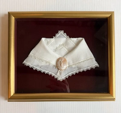 Antique Victorian Lace Collar w/ Cameo in Gold Frame Shadowbox Red Velvet READ - Image 1 of 4