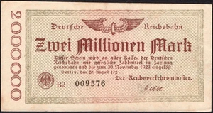 2 Million mark 1923 - Series: B2 009576 Reichsbahn (Railroad) note  -VF-#E27 - Picture 1 of 4