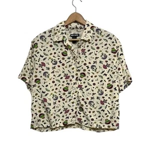 Hot Topic Cropped Button Up Blouse Woman’s Size Large Ivory Mushroom Frog Rayon - Picture 1 of 7